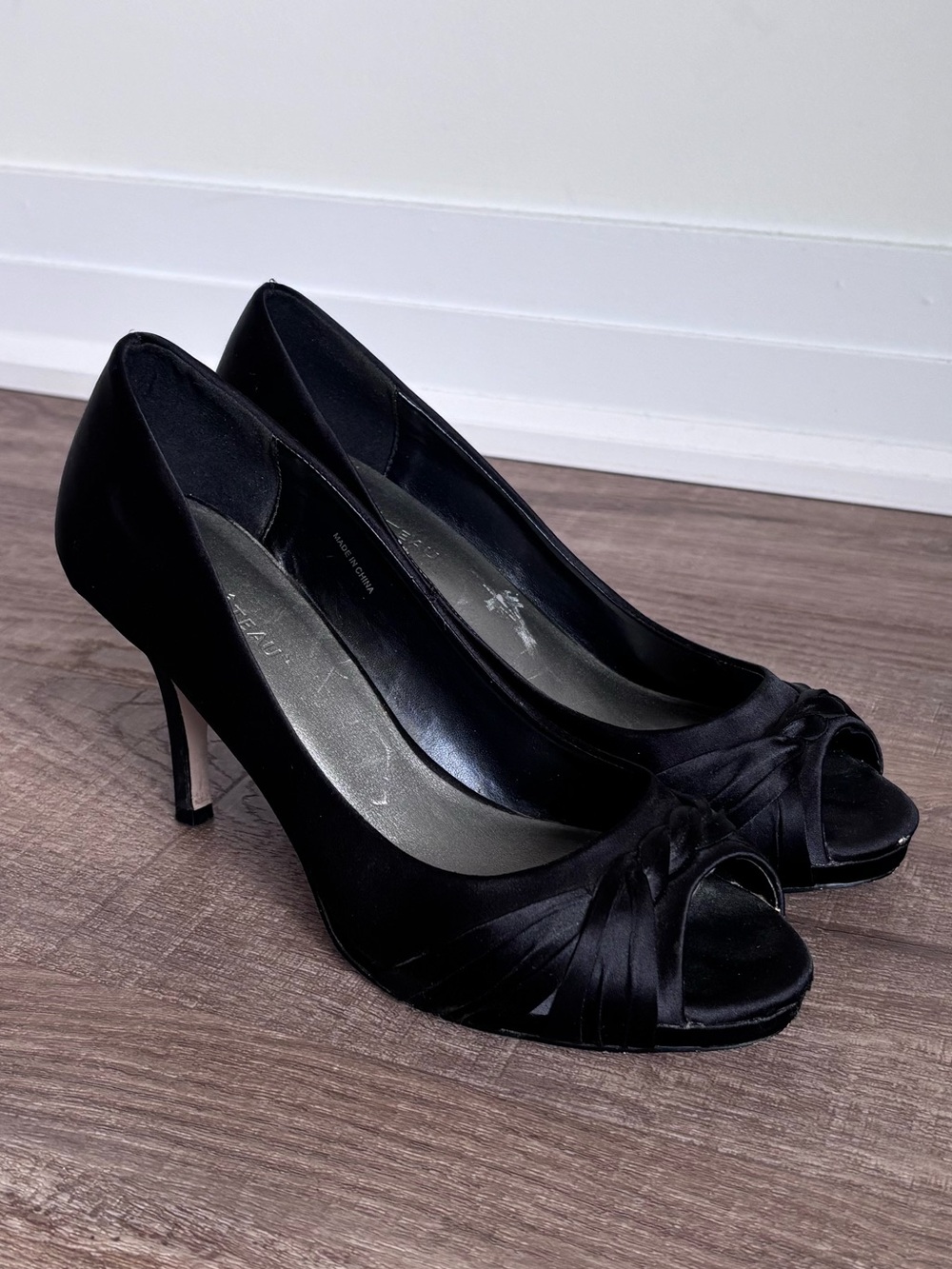 Le Chateau Open Toe Satin-Like Heel in Black 3”